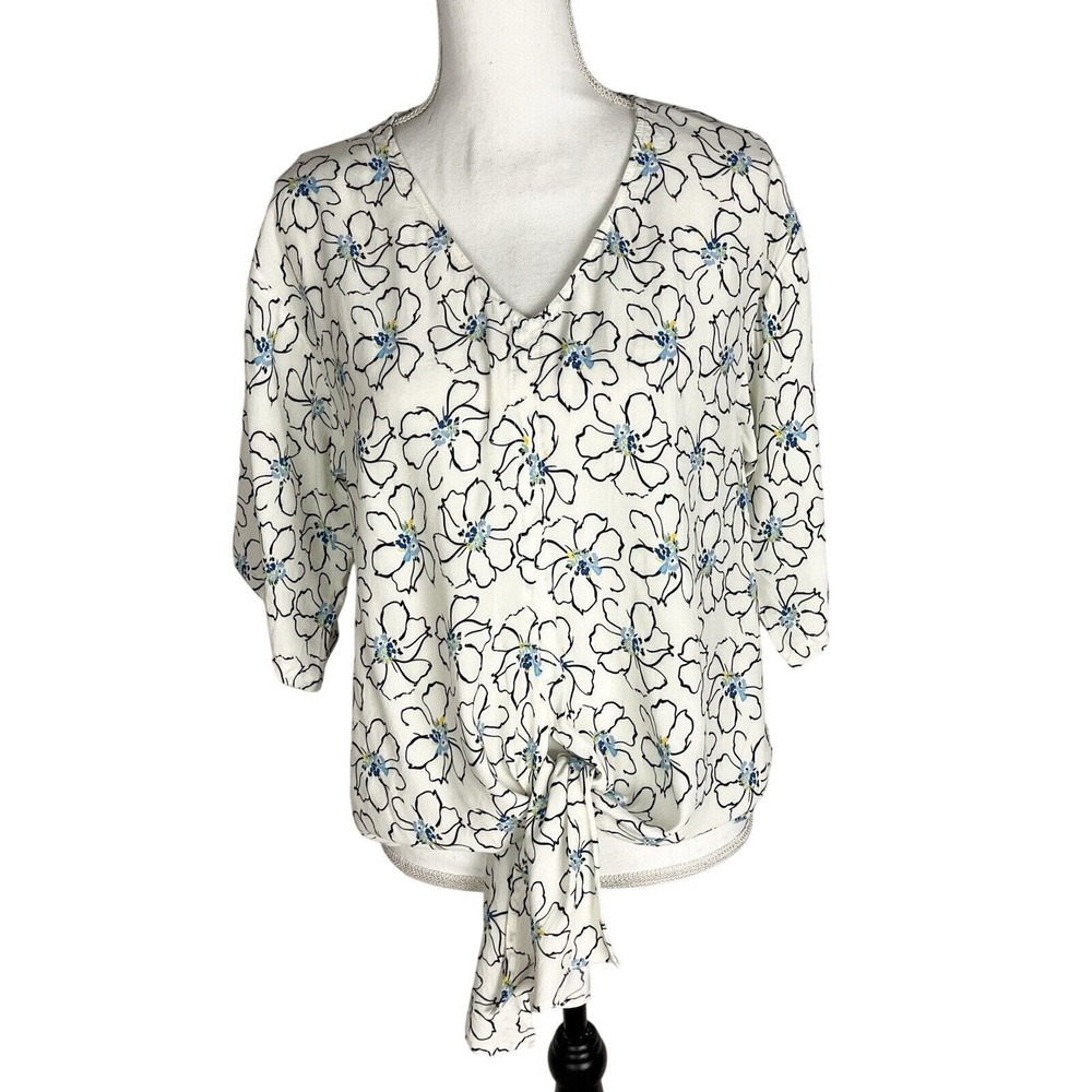 Karen Kane‎ Tie Front Floral Top Women's Size S White Blue V-neck Blouse Viscose